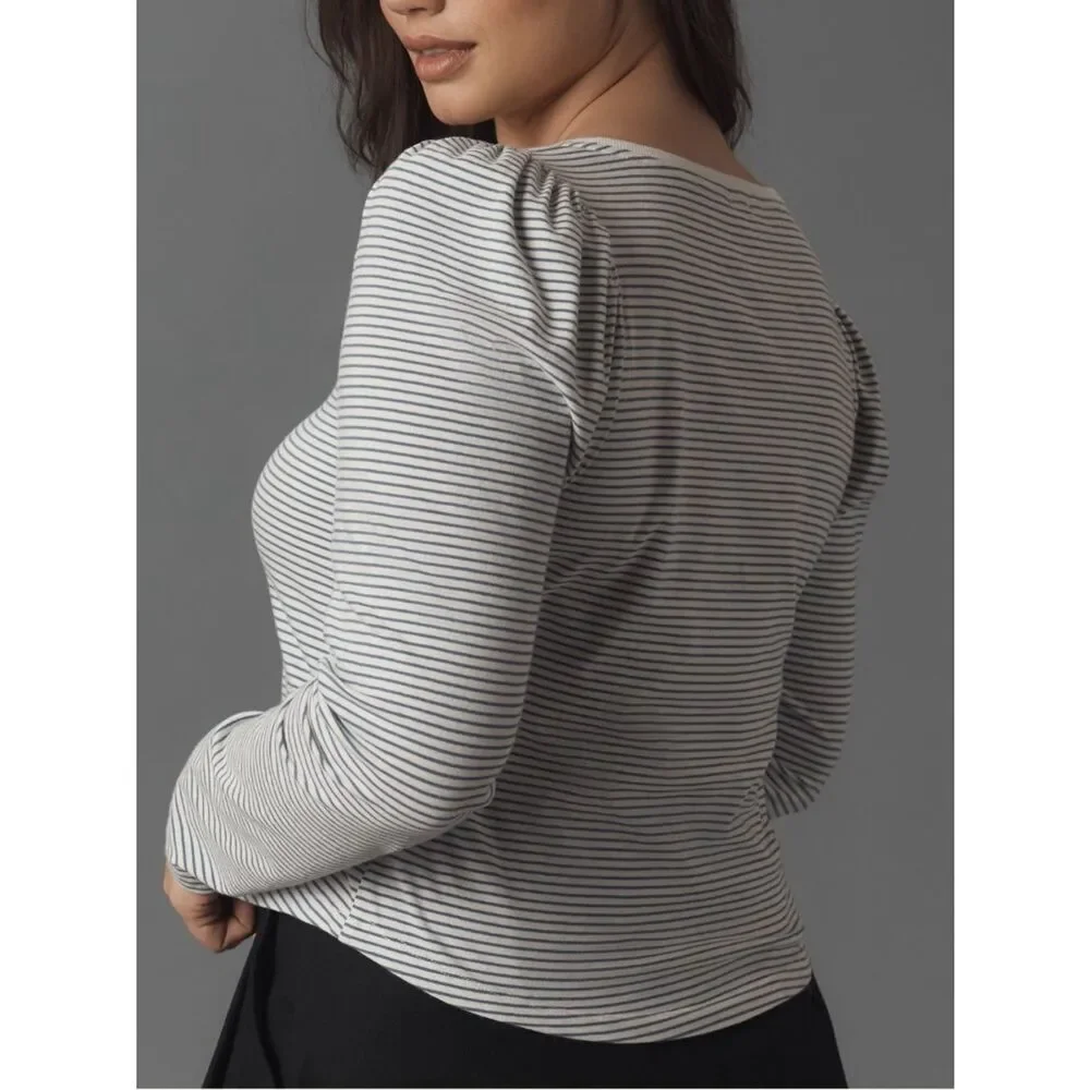 ANTHROPOLOGIE MAEVE Lace Detail Puff-Shoulder Long-Sleeve Knit Top Blue Stripe